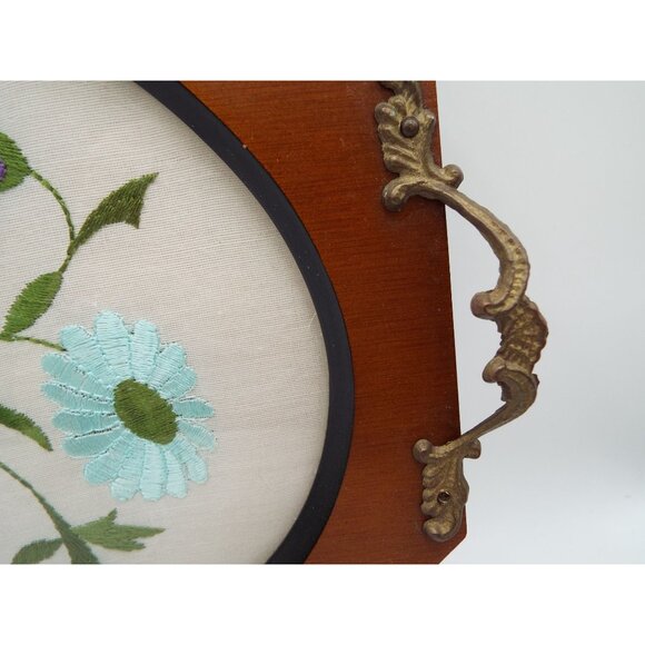 Vintage Oval Glass and Wood Embroidered Floral Serving Vanity Tray Brass Handles - Picture 6 of 8